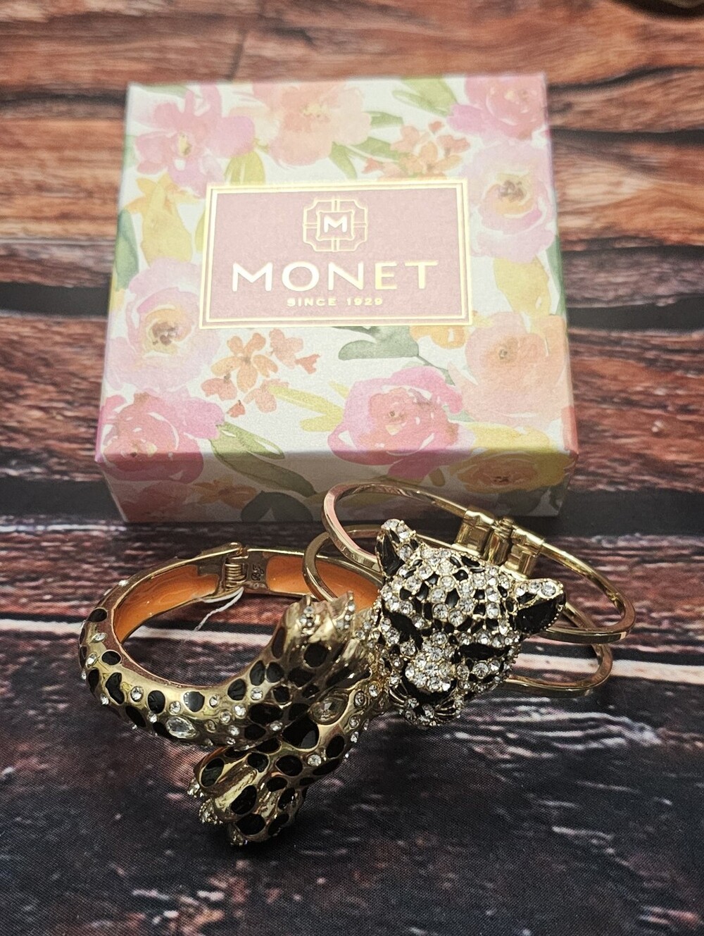 Monet Vintage Gold Tone Crystal Leopard Wrap Cuff Bracelet Rhinestones Spots